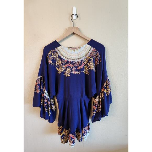Free People Women's Top Size XS Boho Ruffle Blouse Blue - Picture 7 of 11